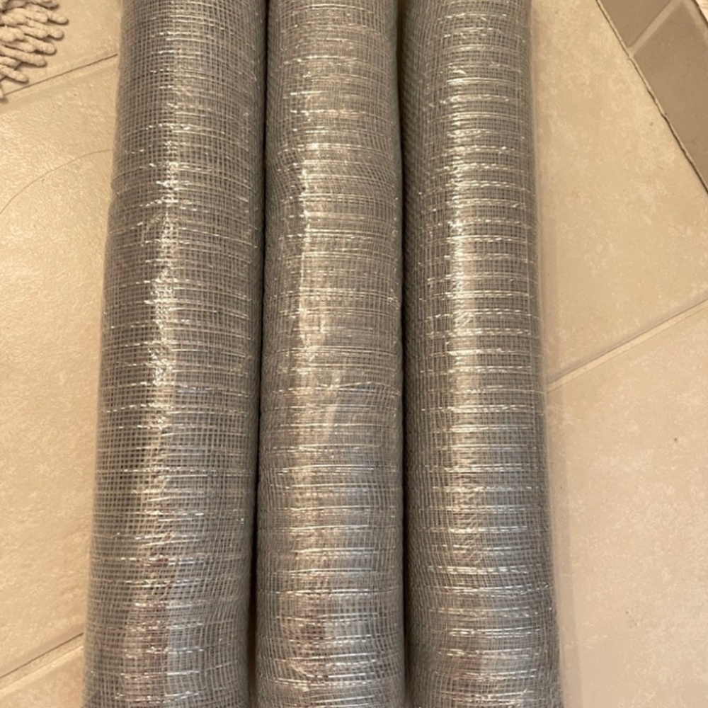 SOLD Silver deco poly mesh with strips of silver foil. LOT OF 3 unopened rolls